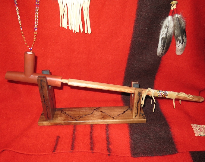 Peace Pipe – 24” Catlinite Native American Ceremonial Pipe with Beaded Stem & comes with this Walnut Stand – Spiritual Collectible