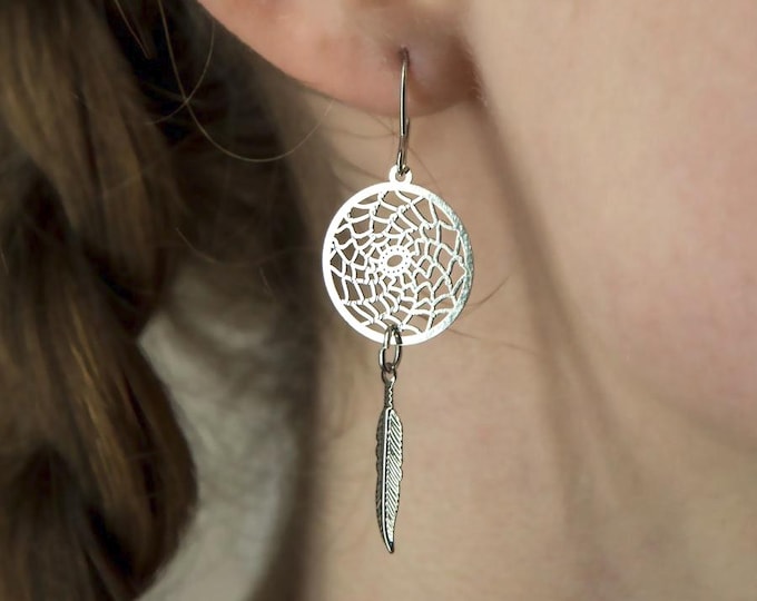 Dream Catcher Feather Earrings Native American Silver Hypoallergenic Jewelry Lasting Quality