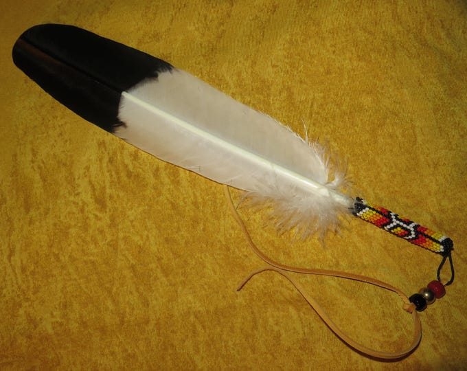 Eagle Feather Beaded Jewelry Native American made hand painted beaded Golden Eagle Feather used for smudging or a Feather tie or hair tie