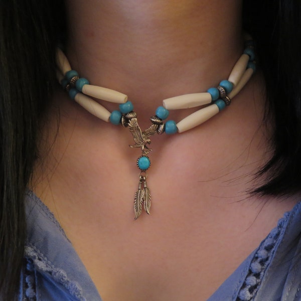 Vintage Native American Jewelry Sterling Sliver Eagle w/Round turquoise Stone Buffalo  Bone choker necklace Antique Glass Blue Padre Beads