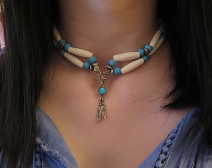 Vintage Native American Jewelry Sterling Sliver Eagle w/Round turquoise Stone Buffalo  Bone choker necklace Antique Glass Blue Padre Beads