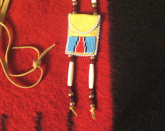 Native American Beaded Deer Leather Medicine Bag: Czech Glass & Bone