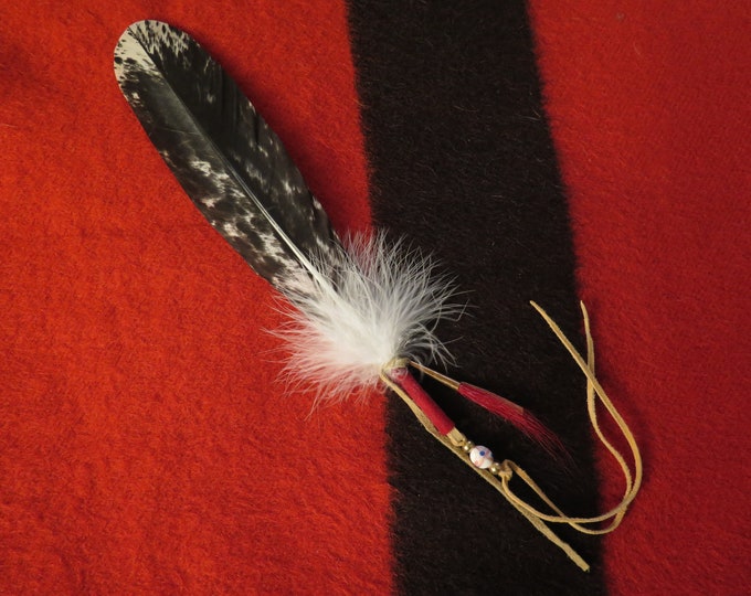 Native American made Ceremonial Immature Bald Eagle Feather painted tie Brass Beads and a Medicine Man Trade Bead w/Deer Hair