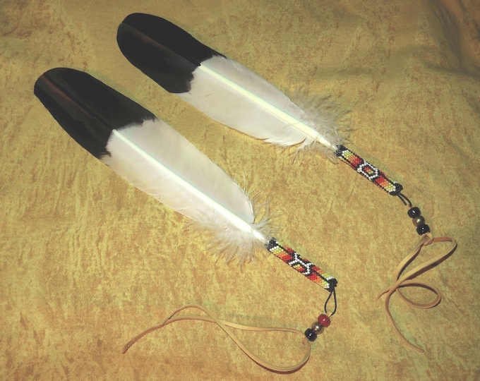 Eagle Feather Beaded Jewelry Native American made hand painted beaded Golden Eagle Feather used for smudging or a Feather tie or hair tie