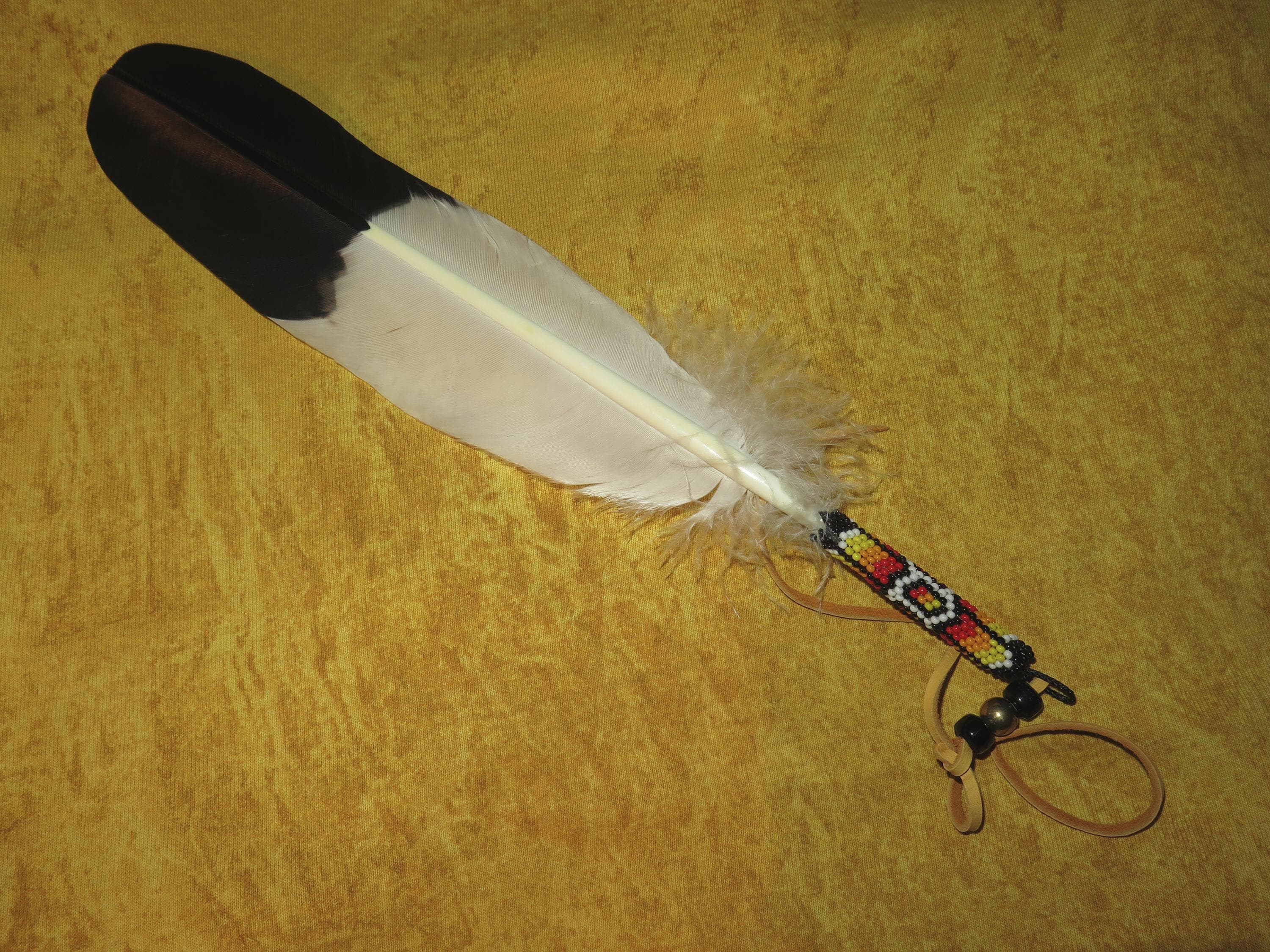 Eagle Feather Beaded Jewelry Native American made hand painted beaded Golden Eagle Feather used for smudging or a Feather tie or hair tie