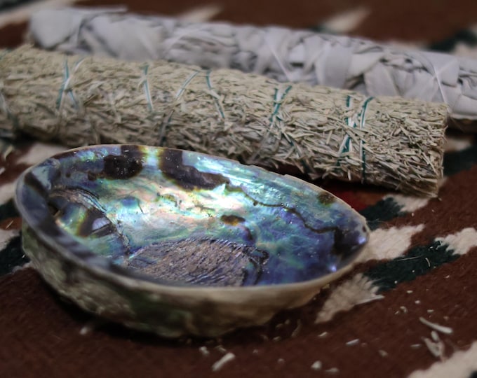 Native American Ceremonial Smudging Kit set with Abalone shell, smudge sticks and imitation eagle feather