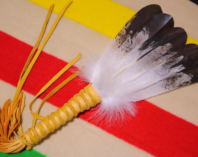 Golden Eagle Feather Fan: Native American Artist Hand-Painted Turkey Feathers to simulate a true Prayer Fan