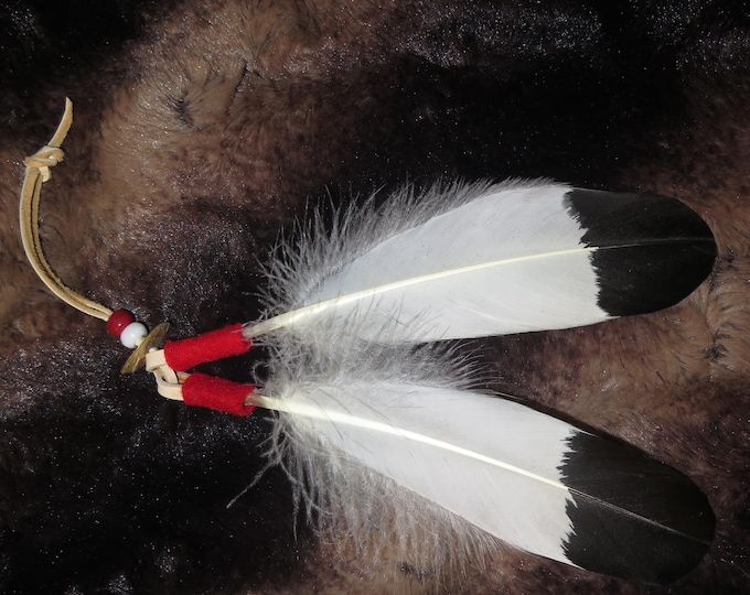 Eagle Feather Hair Tie Hand-Painted Black or Brown tip Golden Eagle Feather Native American - Abalone Shell 6” Feathers for powwow Regalia