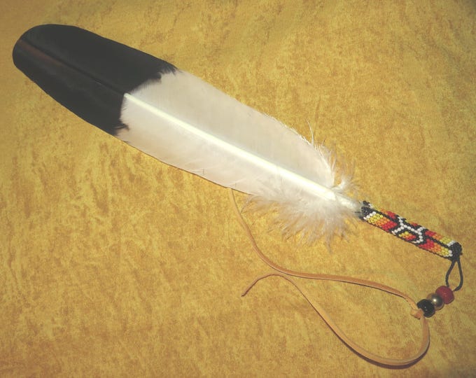 Eagle Feather Beaded Jewelry Native American made hand painted beaded Golden Eagle Feather used for smudging or a Feather tie or hair tie