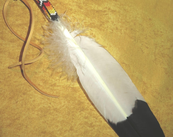 Eagle Feather Beaded Jewelry Native American made hand painted beaded Golden Eagle Feather used for smudging or a Feather tie or hair tie