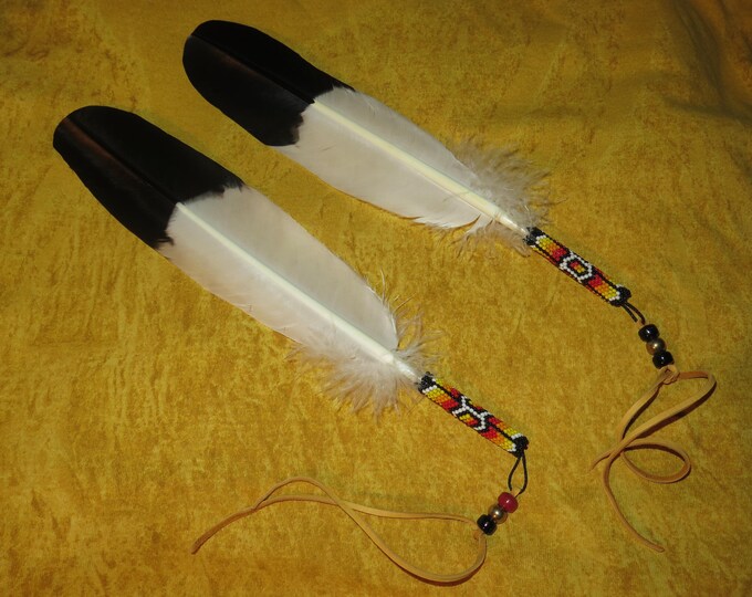 Eagle Feather Beaded Jewelry Native American made hand painted beaded Golden Eagle Feather used for smudging or a Feather tie or hair tie