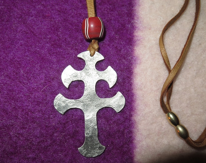 Fur Trade Era Cross of Lorraine Necklace: Pewter, Leather & Trade Beads