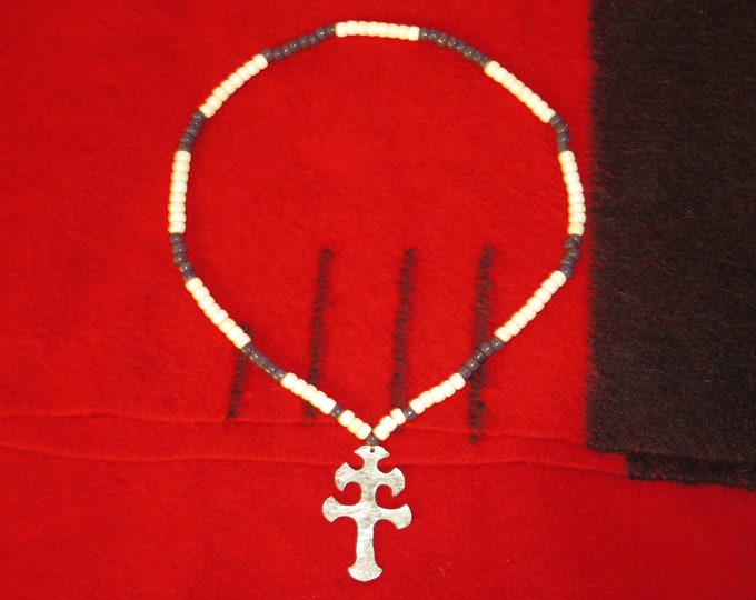 Hudson Bay Native American Jewelry Necklace Authentic Hudson Bay Fur Trade Pendant with Old Trade Beads - Lorrain Cross Strung with Sinew.