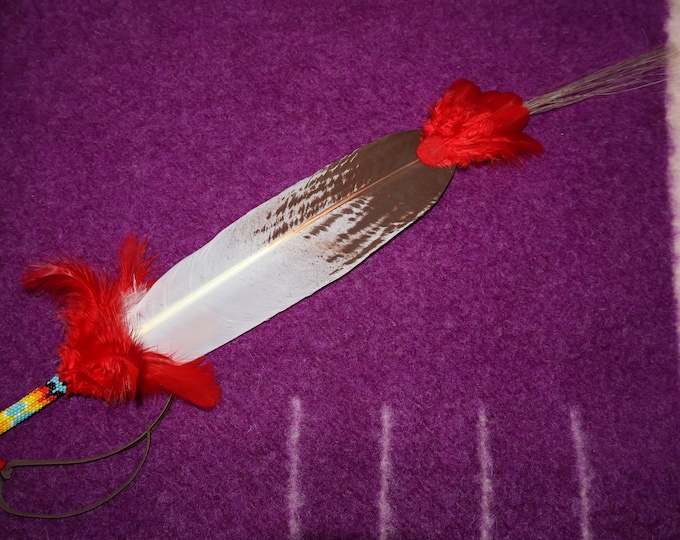 Native American decorative ceremonial Painted Feather Tie: Seed Beaded Golden Eagle Feather