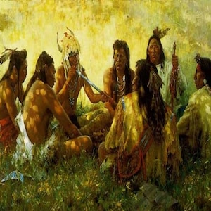 Op de afbeelding: Een schilderij dat een groep inheemse Amerikanen toont die in een cirkel bijeen zijn gekomen. Ze dragen traditionele kleding en hoofdtooien. De sc&egrave;ne speelt zich af op een grasveld met een heldergele lucht op de achtergrond.