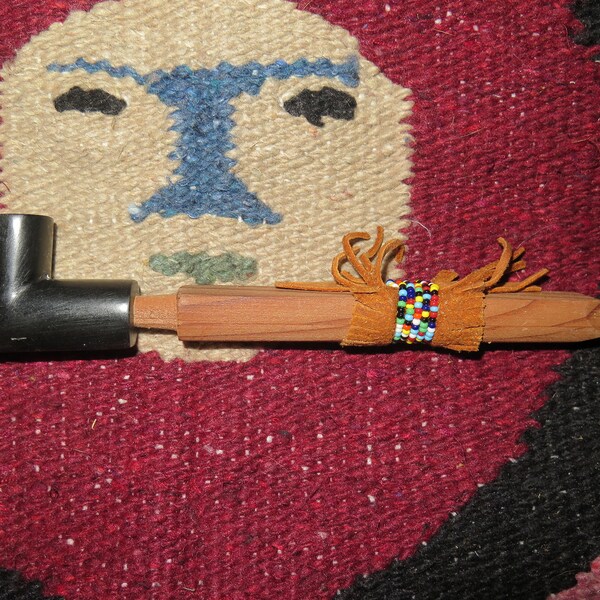 Native American Personal Pipes Stealtite Black Stone Peace Pipes 4-Winds, Plains or Elbow Pipe Bowl, Beaded leather, Cedar wooden pipe stem