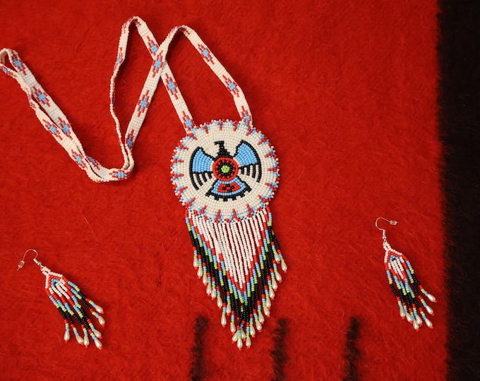 Native American Design Handmade fully Beaded Necklace Earrings Set with Rosette Pendant - Thunderbird