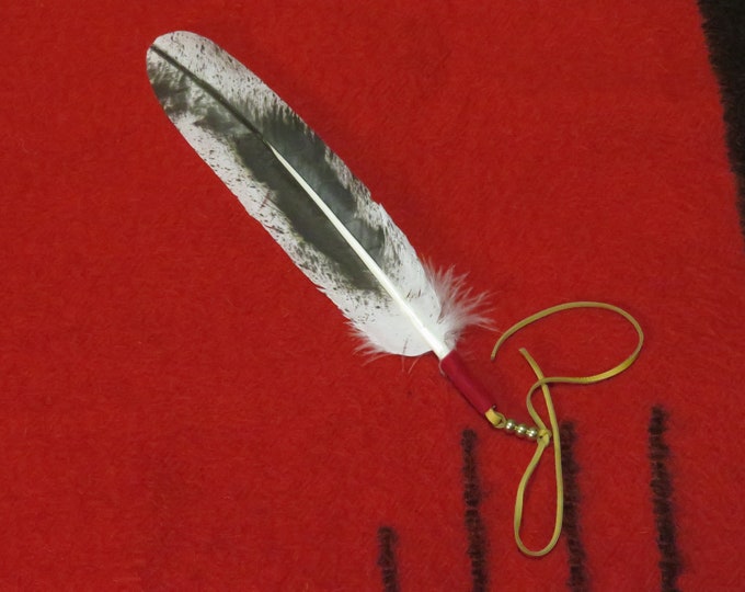 Native American made Immature Bald Eagle painted Feather tie is wrapped with leather and brass beads