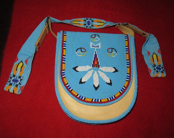 Native Beaded Bag handmade Beautiful by Indigenous People Blue or Red Medicine Wheel Design Fully Beaded Bag Shoulder Purse Flap & Strap