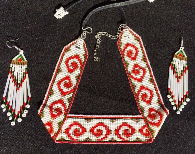 Beaded Choker and Earrings Set Handmade Native American Inspired Beaded Choker and Earrings Set - White and Red Jewelry