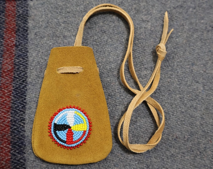 Medicine Neck Bag Smoked Brain Tanned Deer Laced Seed Beaded symbols, Turtle and other designs on each Native American Medicine Bag 4"x 2.5"