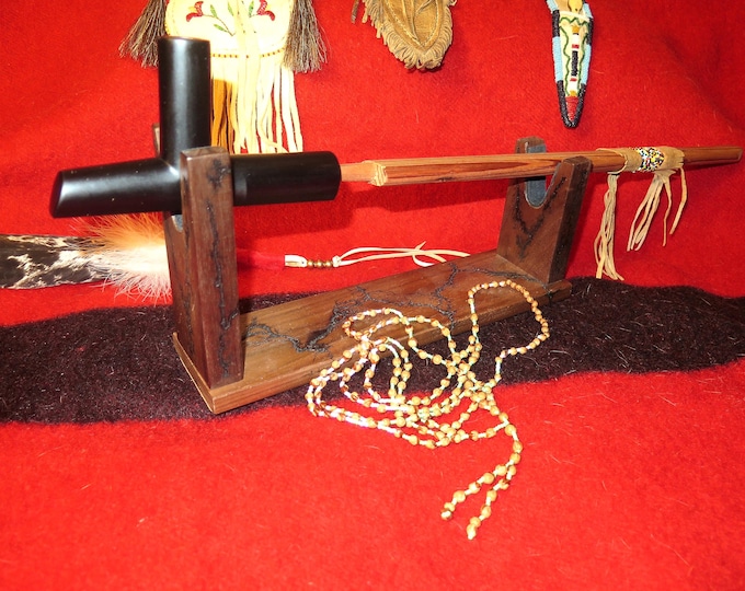 Native American Steatite Peace Pipe: Plains Style with Beaded Stem & Stand (24")