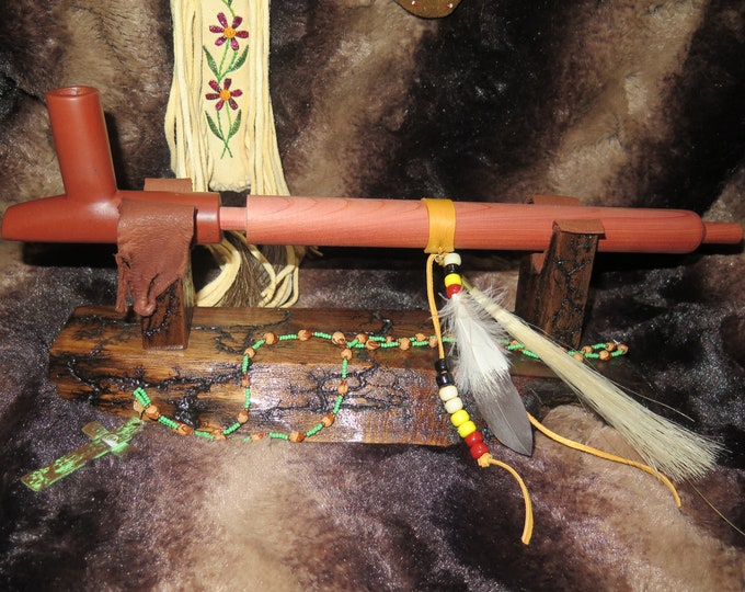 Peace Pipe Stone Bowl Native American  Sacred Catlinite with Cedar Stem & Hardwood Stand
