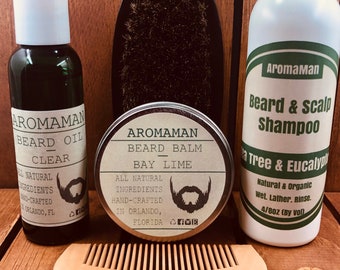 Aromaman Beard Care All-Natural Hand Crafted Beard Oil, Balm, Shampoo and Beard Brush/Comb. Choose your set!