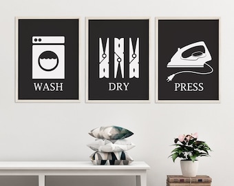 Laundry Room Art, Wash Dry Press, Laundry Room Decor, Set of Three Prints, Black and White, Modern Laundry Room