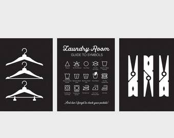 Laundry Room Art, Set of Three Prints, Laundry Symbols, Vintage Laundry Sign, Black Laundry Room Prints, Clothespins, Hangers