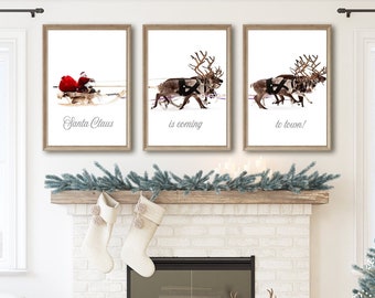 Santa and Reindeer Set of 3 Prints, Christmas Wall Art, Santa Claus Prints, Santa's Sleigh, Reindeer Wall Art, Christmas Decor, Seasonal Art