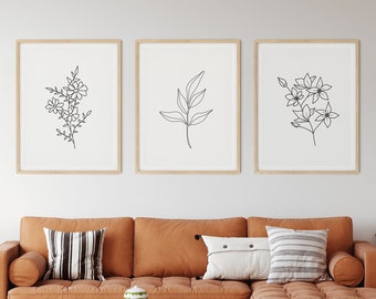 Black and White Leaf Prints, Botanical Wall Art, Line Art Flowers, Floral Leaf Prints, Set of Three, Minimalist Wall Art