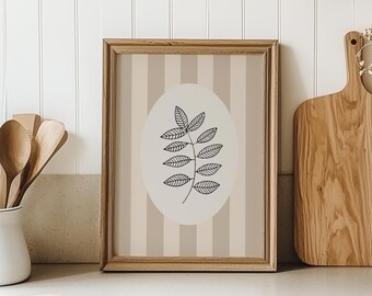 Gestreepte bloemsierkunst, Cottagecore-kunst, basilicumprint, cottage muurkunst, bloemsierkunst keuken, botanische tekening, keukenkruidkunst, gestreepte print