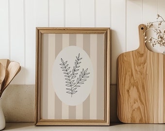 Gestreepte bloemsierkunst, Cottagecore-kunst, rozemarijnprint, Grandmillenial-kunst, bloemsierkunst, keukenkunst, botanische tekening, keukenkruidkunst
