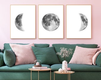 Moon Prints - Set of Three Prints - Moon Phases Wall Art - Lunar Phases - La Lune - Poster - Black and White