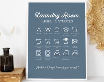 Laundry Symbols Print, Laundry Instructions, Washing Instructions, Laundry Room Art, Laundry Sign, Blue Laundry Room Sign