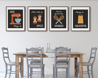 Retro Kitchen Art - Kitchen Utensils - Kitchen Prints - Puns - Set of Four -  Mid Century Inspired Kitchen Decor
