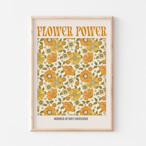 70s Art, 1970s floral print, Flower Power Print, 70s Decor, 1970s Flowers, Gallery Print, Retro Inspired Art, Orange Flowers Print