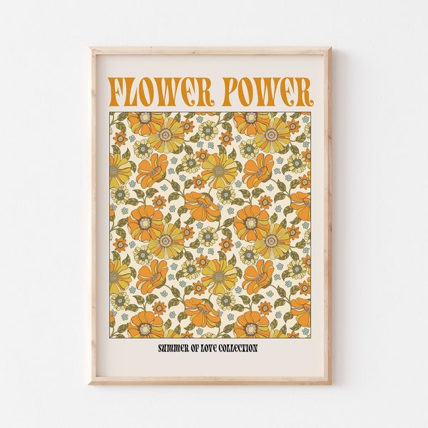 70s Art, 1970s floral print, Flower Power Print, 70s Decor, 1970s Flowers, Gallery Print, Retro Inspired Art, Orange Flowers Print