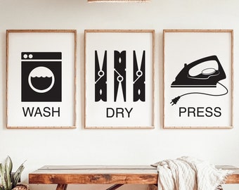 Laundry Prints - Wash Dry Press - Laundry Room Decor - Laundry Room Signs, Black and White, Minimalist Laundry Art