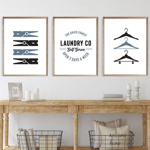 Laundry Room Art Set of Three Laundry Wall Art Wall Art Set Personalized Laundry Sign Hangers Print Clothes Pins Laundry Set image 1