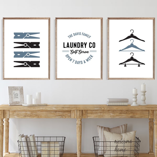 Laundry Room Art - Set of Three - Laundry Wall Art - Wall Art Set - Personalized Laundry Sign - Hangers Print - Clothes Pins - Laundry Set