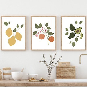 Kitchen Fruit Prints, Avocado Print, Lemon Wall Art, Peach Print, Fruit Wall Art, Kitchen Art, Kitchen Prints, Kitchen Botanical Art image 1