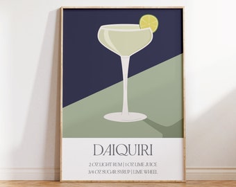 Daiquiri Cocktail Print, Colourful Bar Cart Decor, Retro Cocktail Posters, Alcohol Print, Mid-Century Modern Bar, Retro Drink Print
