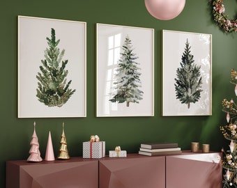 Evergreen Christmas Tree Prints Set of 3, Rustic Holiday Decor, Winter Wall Art, Watercolour Christmas Trees, Handmade Holiday Decor