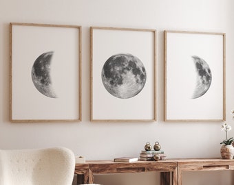 Moon Art Prints - Set of three moon prints - Celestial Art - Moon Phases Art Print - Moon Phases - Moon Photography - Above Bed Art