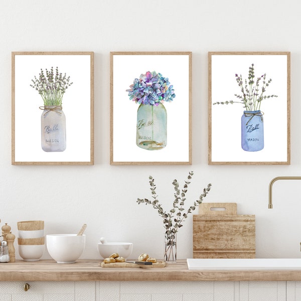 Mason Jar Prints, Kitchen Wall Art, Farmhouse Kitchen, Rustic Kitchen, Floral Mason Jars, Kitchen Prints, Set of three prints