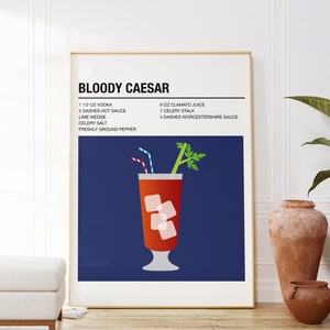 Bloody Caesar Cocktail Print, Colourful Bar Cart Decor, Retro Cocktail Posters, Caesar Cocktail Print, Mid Century Modern Wall Art, Bar Sign image 1