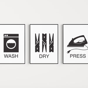 Wash Dry Press Prints, Laundry Room Art, Laundry Print Set, Black and White, Laundry Room Signs image 1