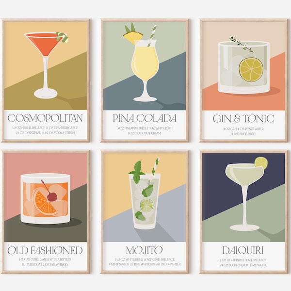 Cocktail Posters Set of 6, Bar Cart Decor, Retro Cocktail Prints, Colourful Cocktail Art, Bar Prints, Mid Century Modern Bar Decor